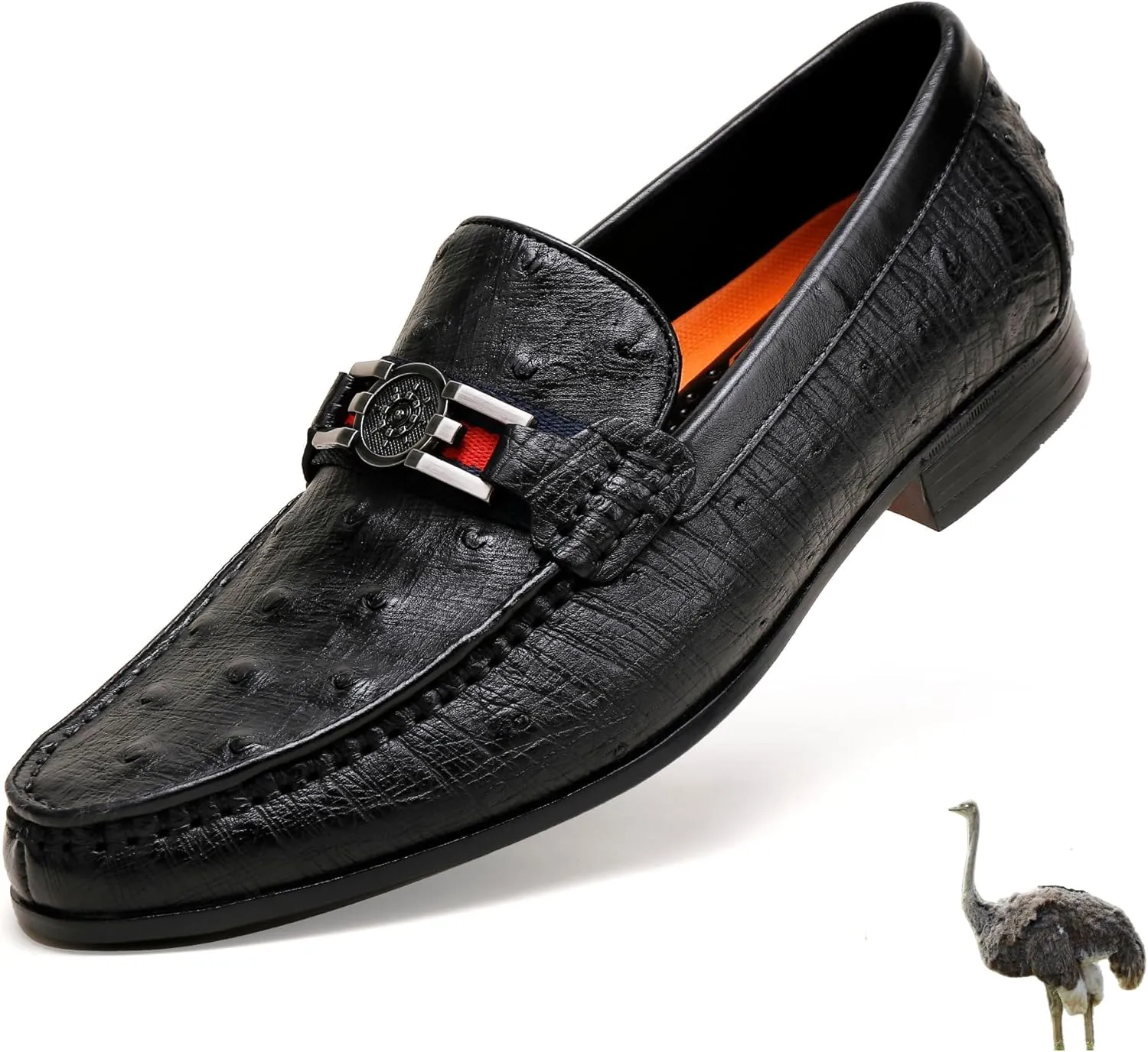 Men's Leather Penny Loafers, Classic Ostrich Pattern Formal Business Shoes Slip On Buckle Dress Shoes Party Wedding Dress Loafers for Men