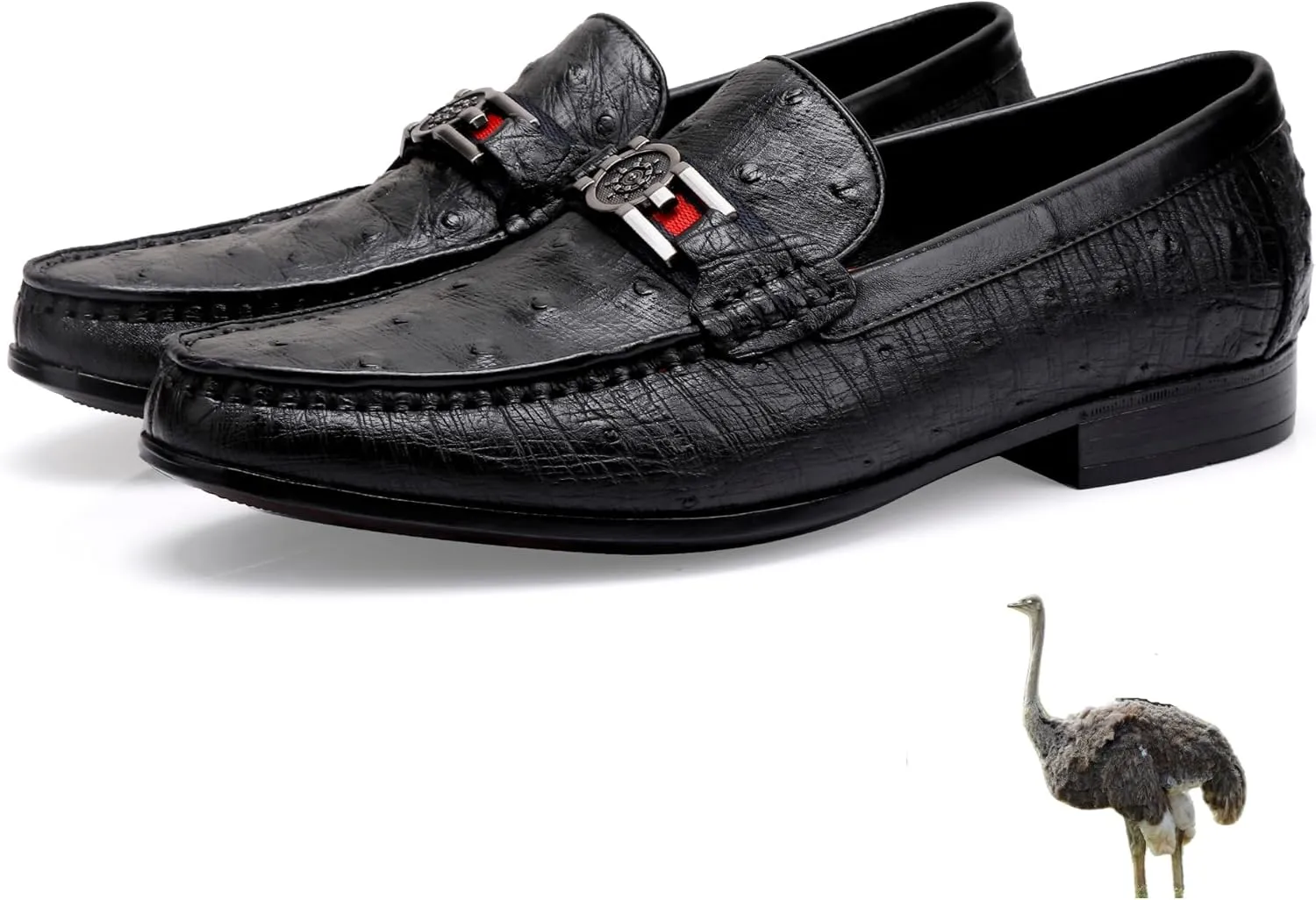 Men's Leather Penny Loafers, Classic Ostrich Pattern Formal Business Shoes Slip On Buckle Dress Shoes Party Wedding Dress Loafers for Men