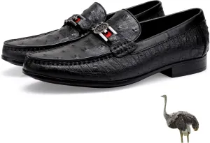 Men's Leather Penny Loafers, Classic Ostrich Pattern Formal Business Shoes Slip On Buckle Dress Shoes Party Wedding Dress Loafers for Men