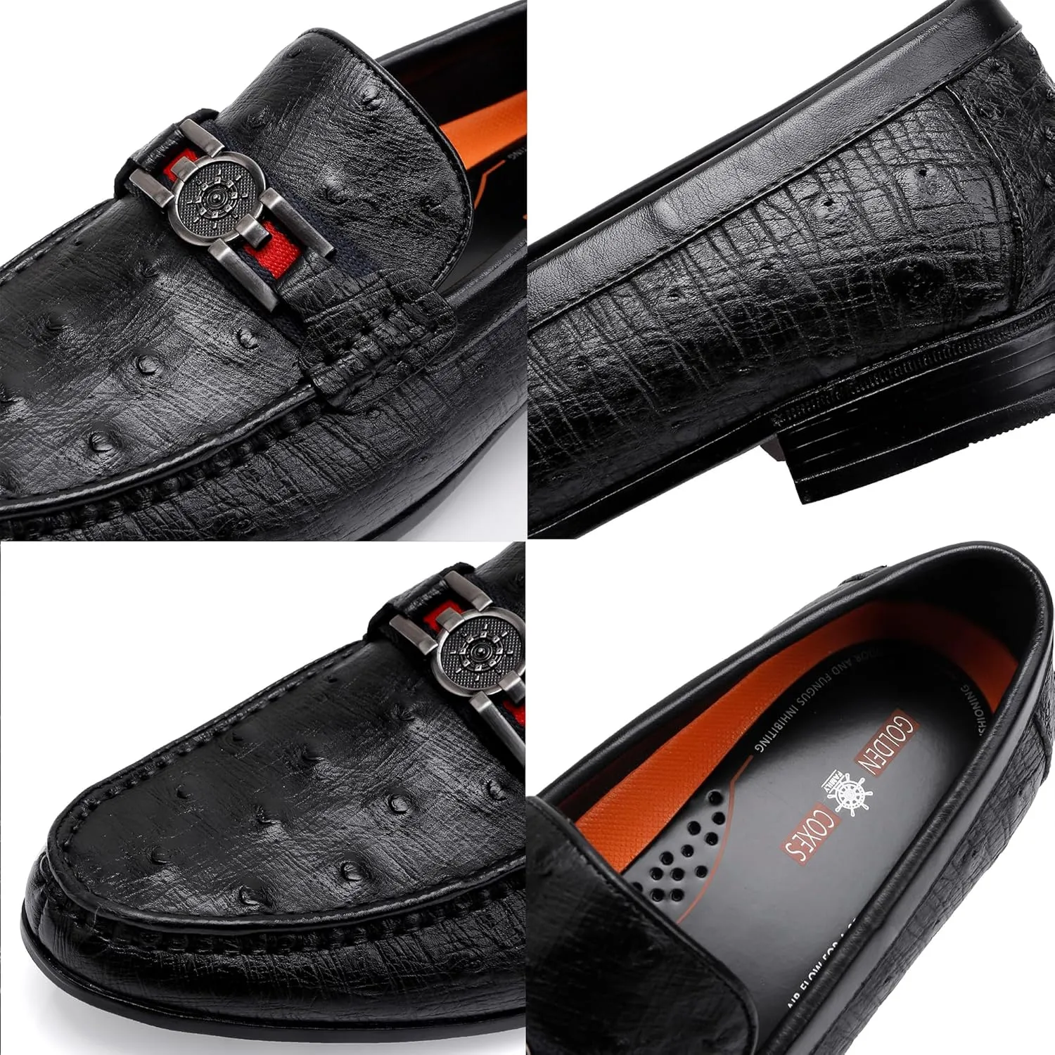 Men's Leather Penny Loafers, Classic Ostrich Pattern Formal Business Shoes Slip On Buckle Dress Shoes Party Wedding Dress Loafers for Men